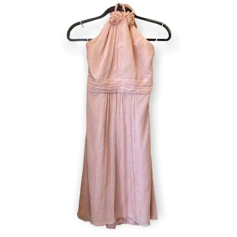 Amsale Blush Pink Halter Mini Dress Bridesmaid Rose Detail Size 8 G577c